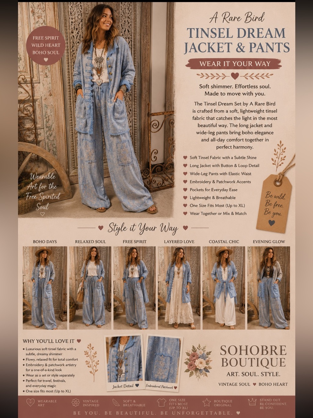 A RARE BIRD Tinsel Dream Light Blue Embroidered Jacket & Wide-Leg Pants Set - Picture 4 of 4